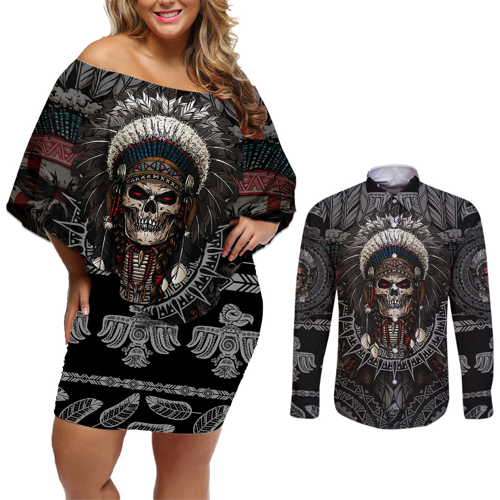 Skull Native American Warrior Couples Matching Off Shoulder Short Dress and Long Sleeve Button Shirts - Wonder Print Shop
