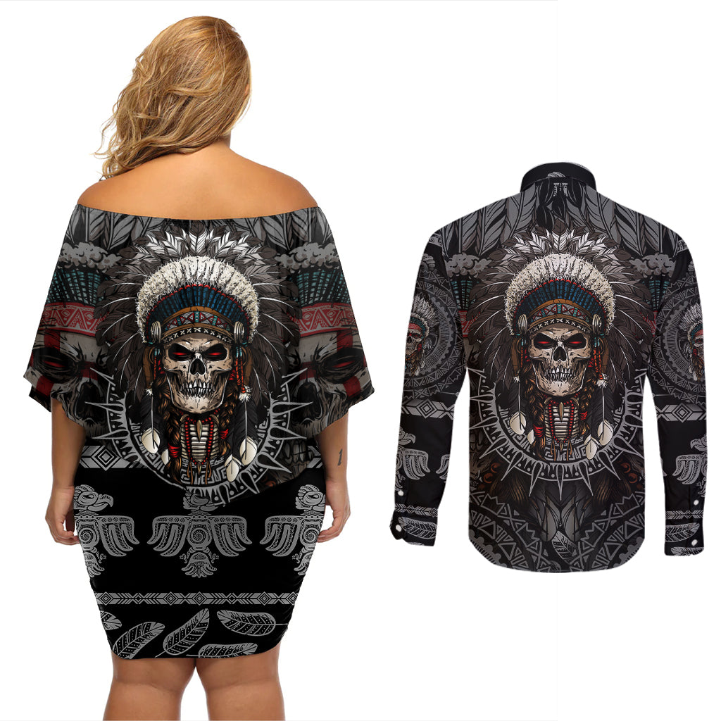 Skull Native American Warrior Couples Matching Off Shoulder Short Dress and Long Sleeve Button Shirts - Wonder Print Shop