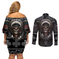 Skull Native American Warrior Couples Matching Off Shoulder Short Dress and Long Sleeve Button Shirts - Wonder Print Shop