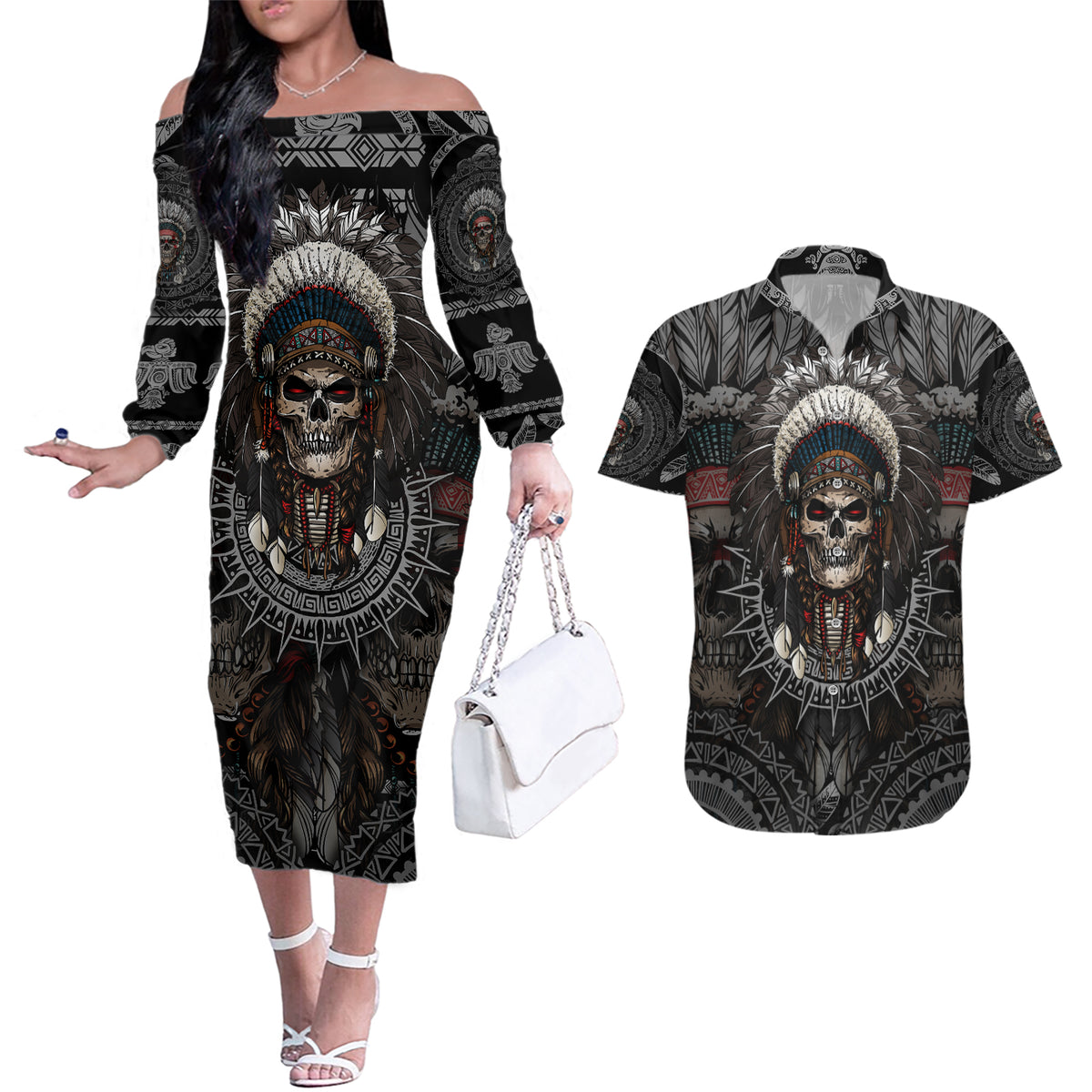 Skull Native American Warrior Couples Matching Off The Shoulder Long Sleeve Dress and Hawaiian Shirt - Wonder Print Shop