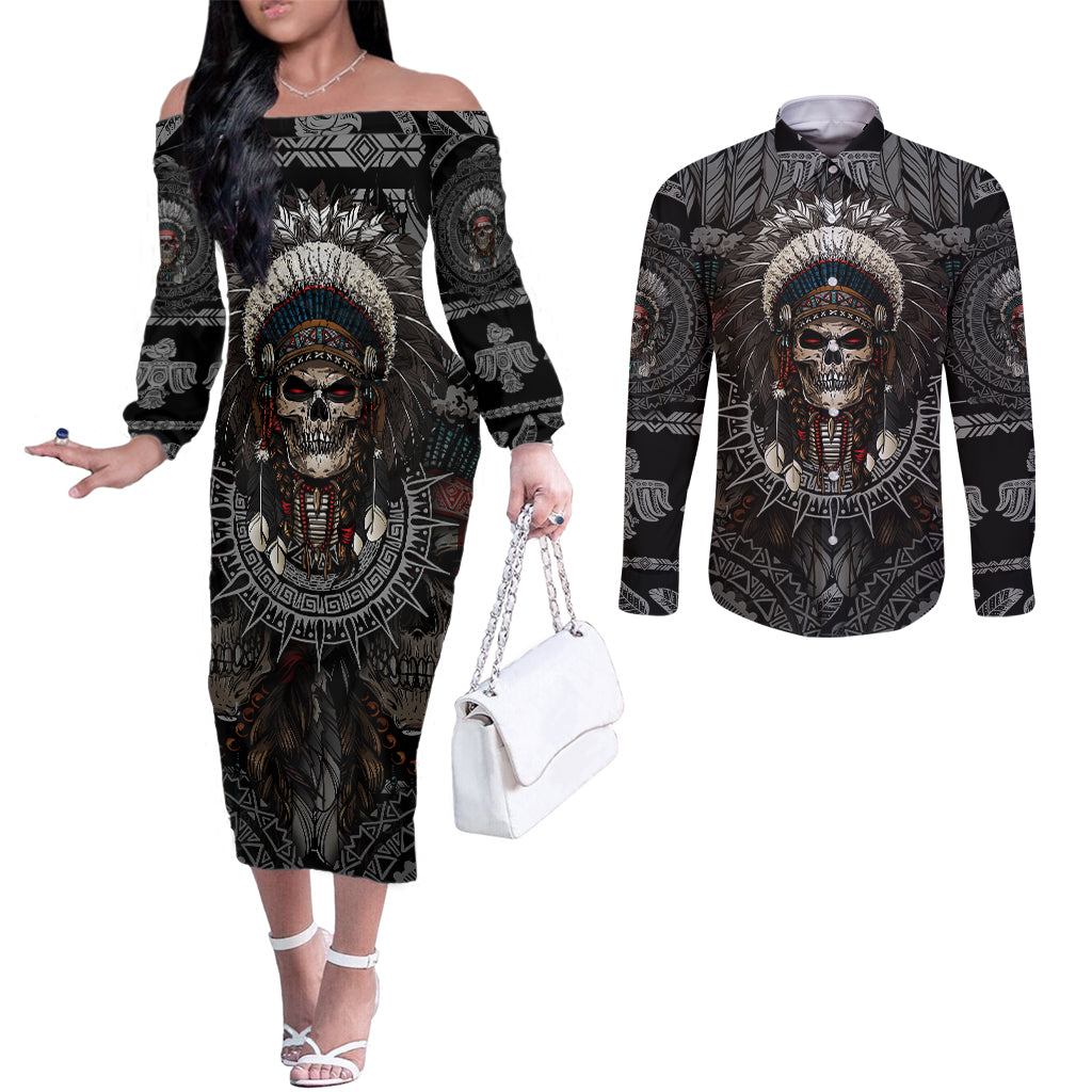 skull-native-american-warrior-couples-matching-off-the-shoulder-long-sleeve-dress-and-long-sleeve-button-shirts