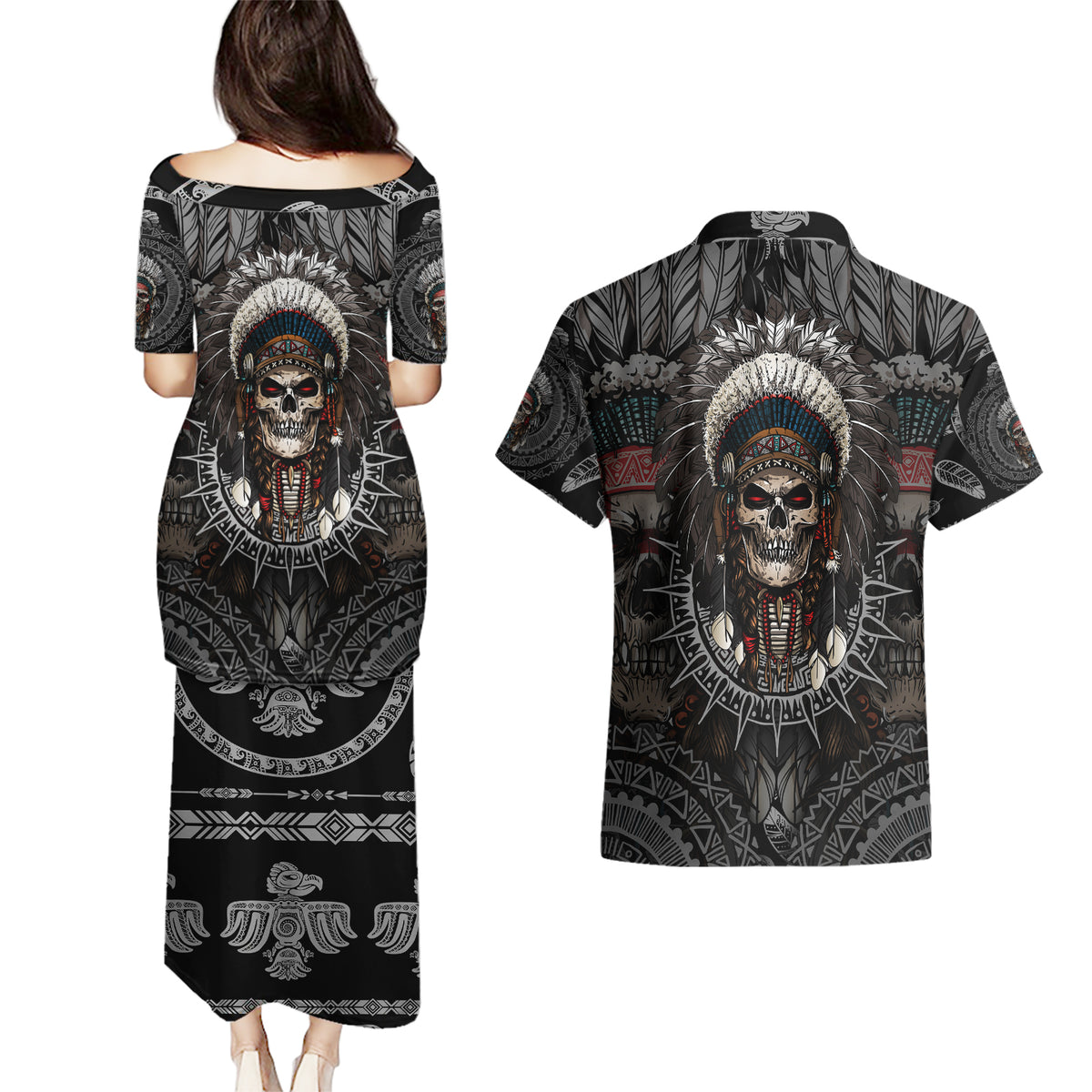 Skull Native American Warrior Couples Matching Puletasi Dress and Hawaiian Shirt - Wonder Print Shop