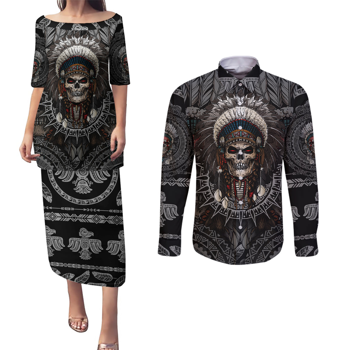 Skull Native American Warrior Couples Matching Puletasi Dress and Long Sleeve Button Shirts - Wonder Print Shop