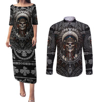 Skull Native American Warrior Couples Matching Puletasi Dress and Long Sleeve Button Shirts - Wonder Print Shop