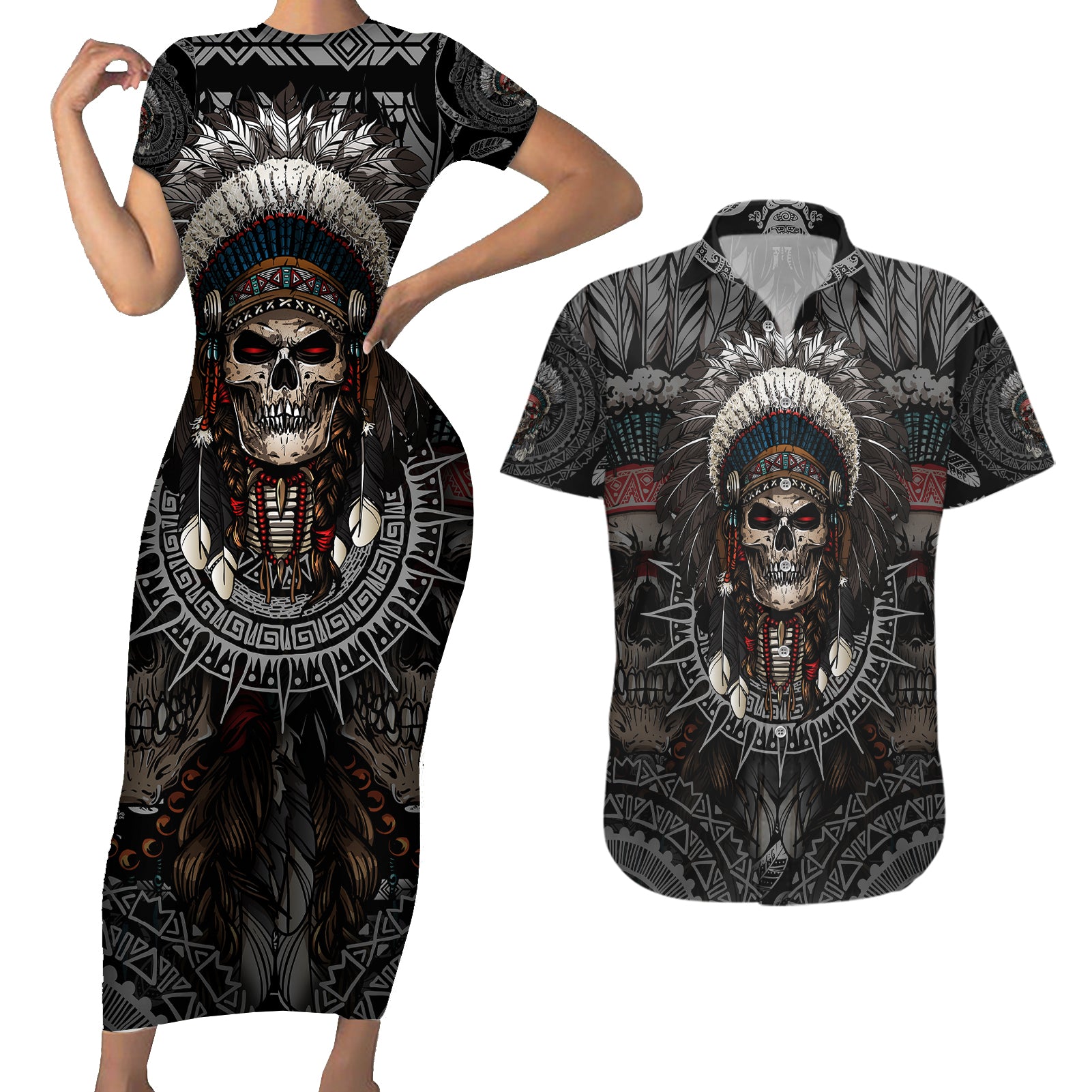 skull-native-american-warrior-couples-matching-short-sleeve-bodycon-dress-and-hawaiian-shirt