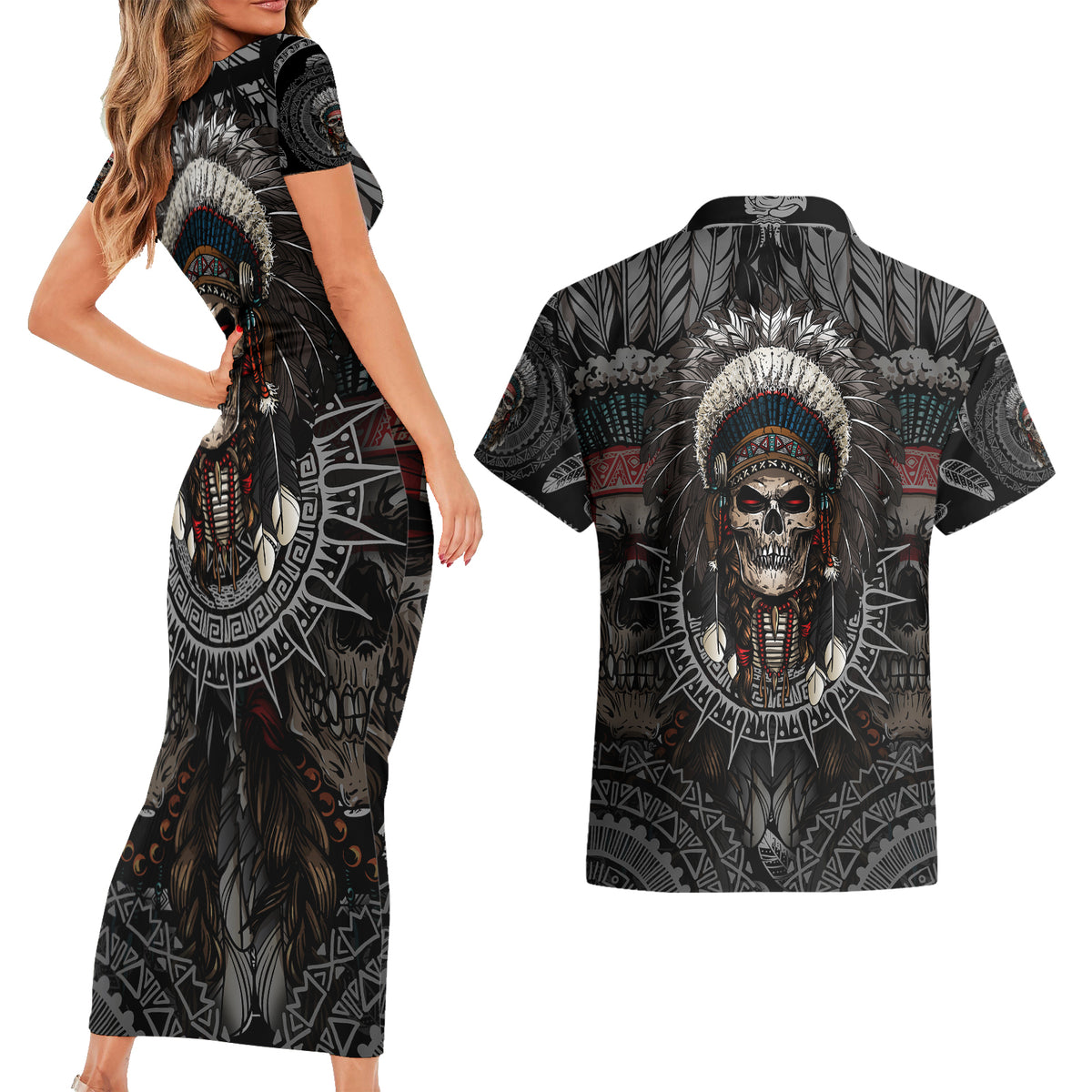 Skull Native American Warrior Couples Matching Short Sleeve Bodycon Dress and Hawaiian Shirt - Wonder Print Shop