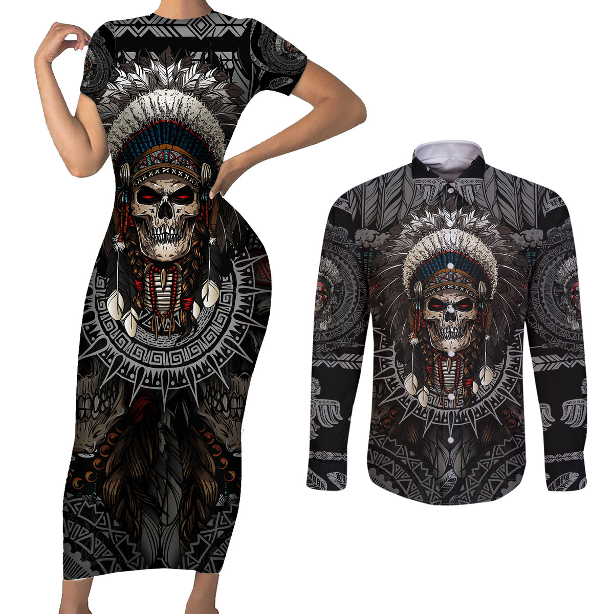 Skull Native American Warrior Couples Matching Short Sleeve Bodycon Dress and Long Sleeve Button Shirts - Wonder Print Shop
