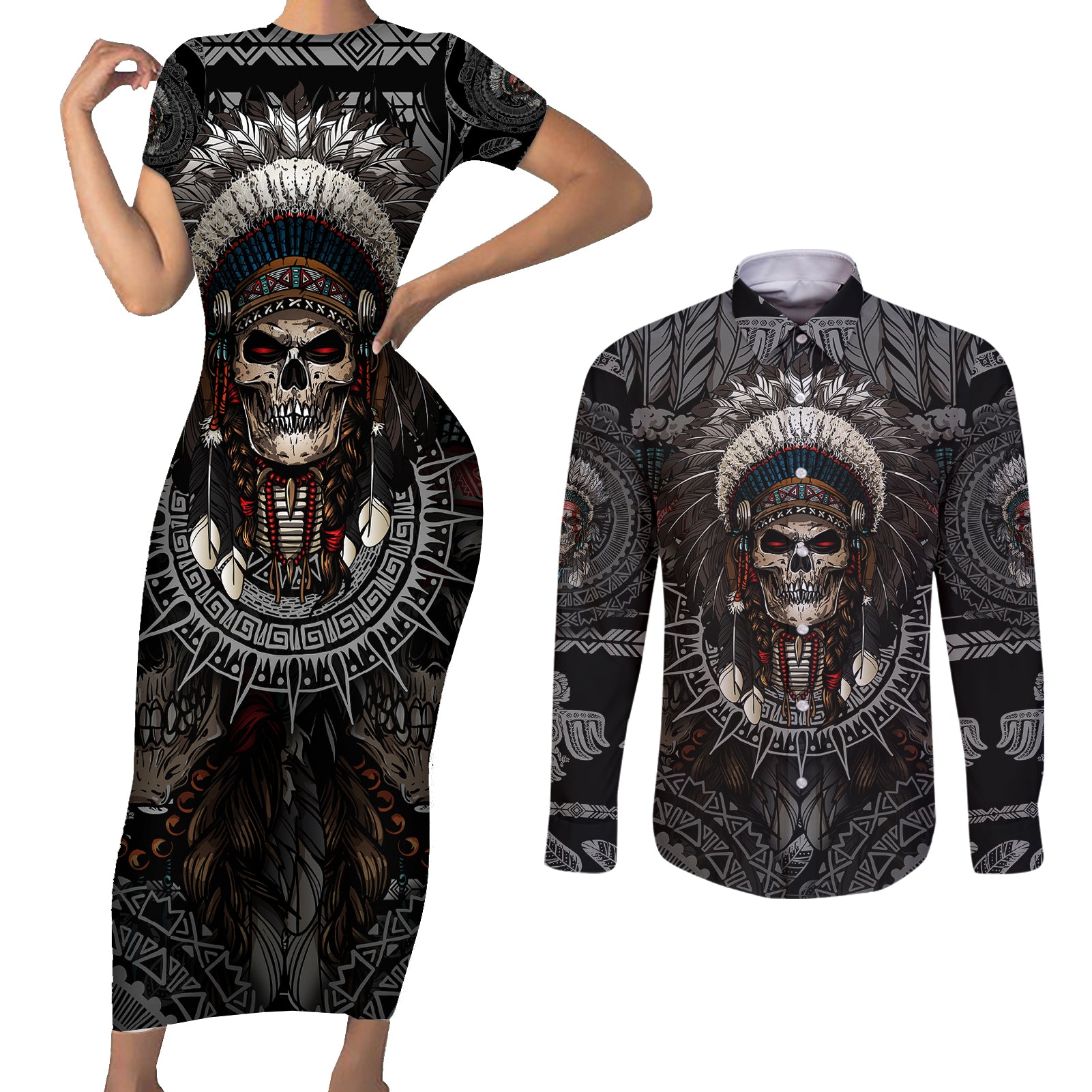 Skull Native American Warrior Couples Matching Short Sleeve Bodycon Dress and Long Sleeve Button Shirts - Wonder Print Shop