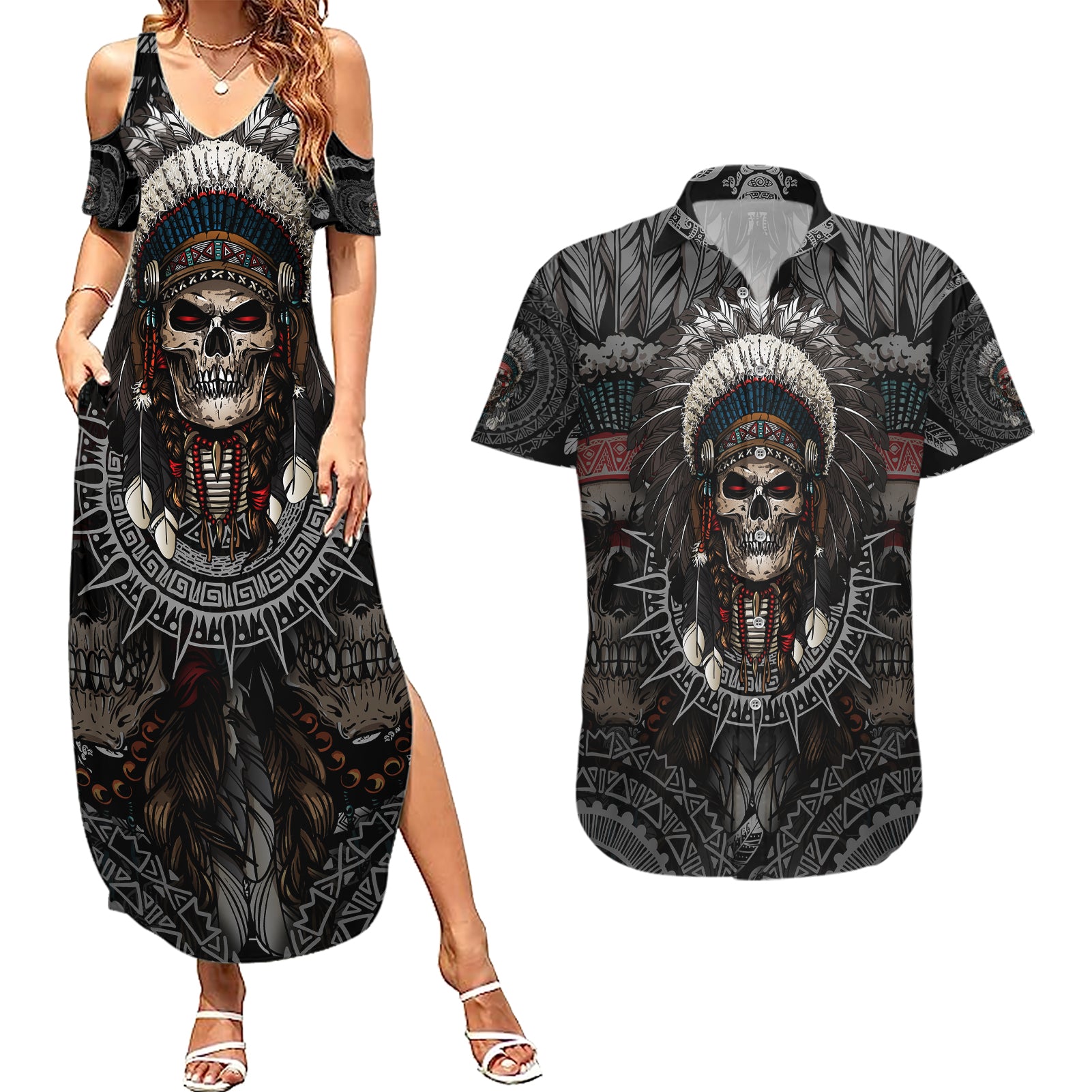 skull-native-american-warrior-couples-matching-summer-maxi-dress-and-hawaiian-shirt