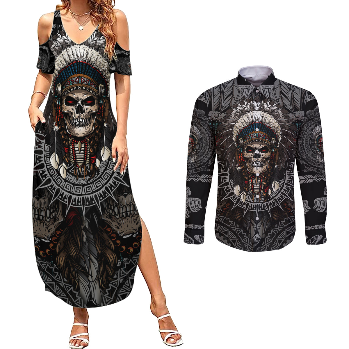 skull-native-american-warrior-couples-matching-summer-maxi-dress-and-long-sleeve-button-shirts