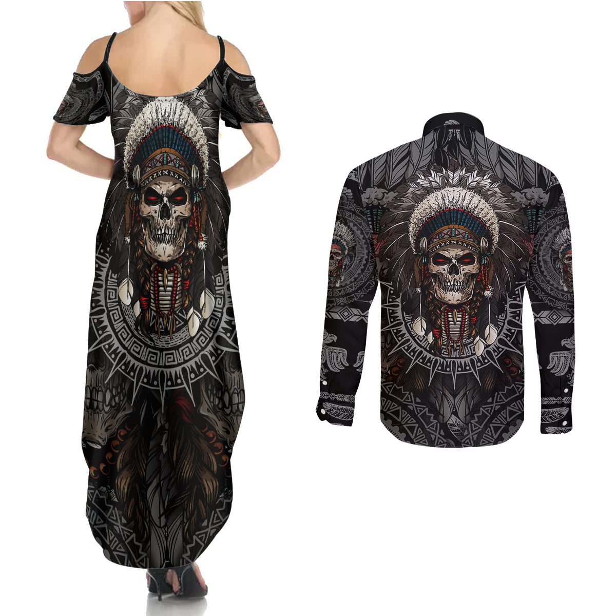 Skull Native American Warrior Couples Matching Summer Maxi Dress and Long Sleeve Button Shirts - Wonder Print Shop