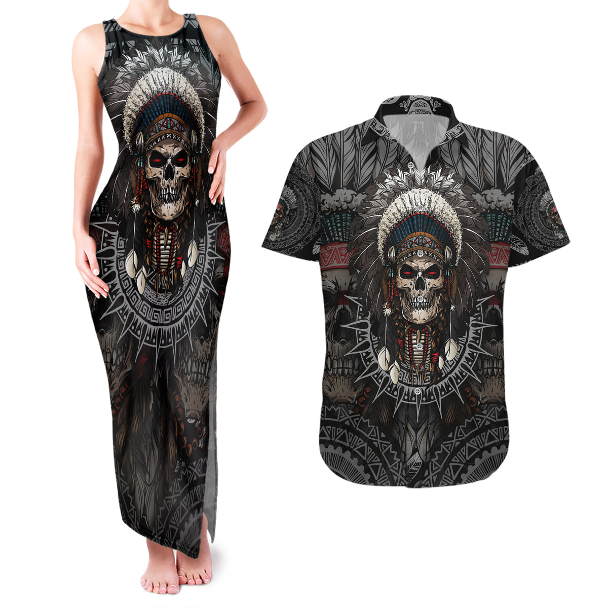 Skull Native American Warrior Couples Matching Tank Maxi Dress and Hawaiian Shirt - Wonder Print Shop
