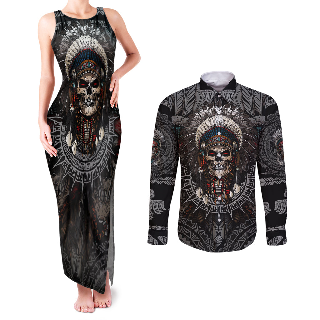 Skull Native American Warrior Couples Matching Tank Maxi Dress and Long Sleeve Button Shirts - Wonder Print Shop