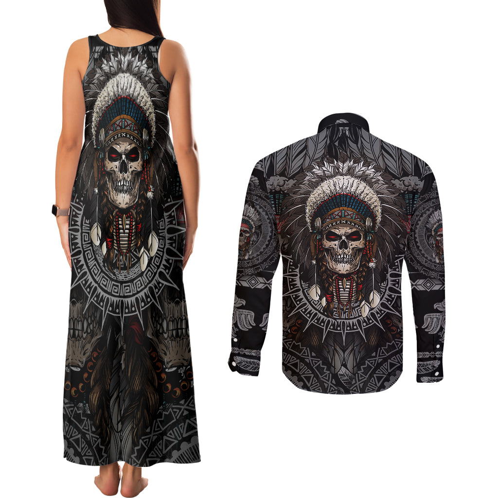 Skull Native American Warrior Couples Matching Tank Maxi Dress and Long Sleeve Button Shirts - Wonder Print Shop