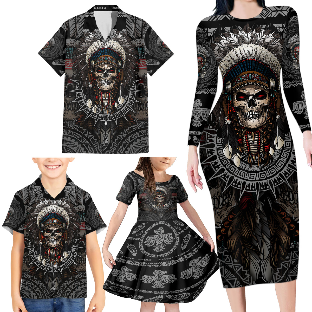 skull-native-american-warrior-family-matching-long-sleeve-bodycon-dress-and-hawaiian-shirt