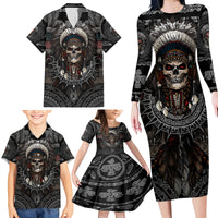 Skull Native American Warrior Family Matching Long Sleeve Bodycon Dress and Hawaiian Shirt - Wonder Print Shop