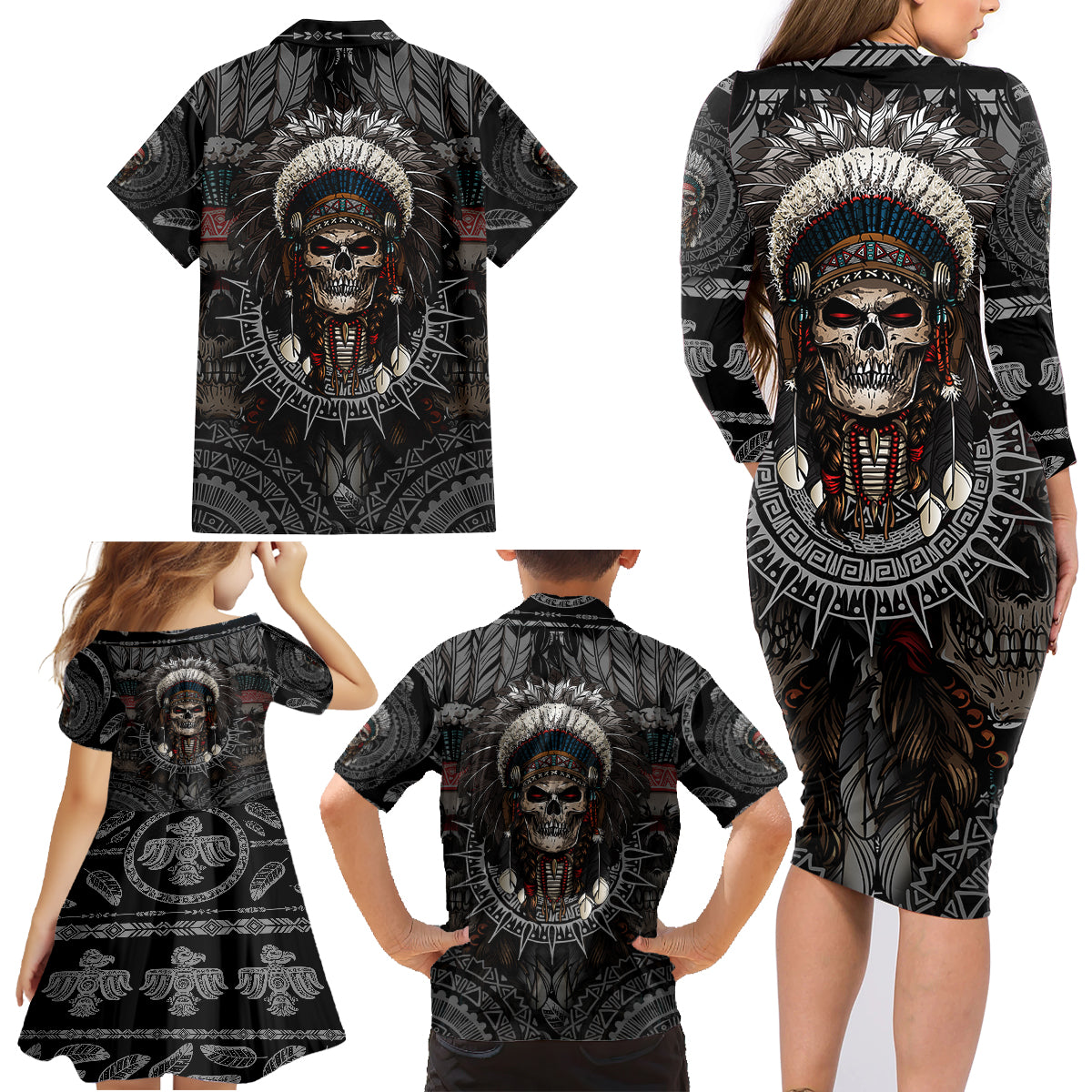 Skull Native American Warrior Family Matching Long Sleeve Bodycon Dress and Hawaiian Shirt - Wonder Print Shop