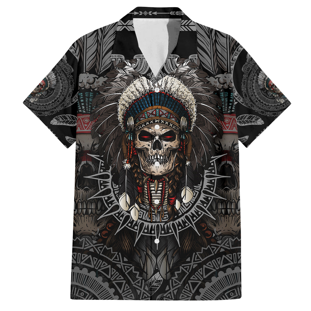 Skull Native American Warrior Family Matching Long Sleeve Bodycon Dress and Hawaiian Shirt - Wonder Print Shop