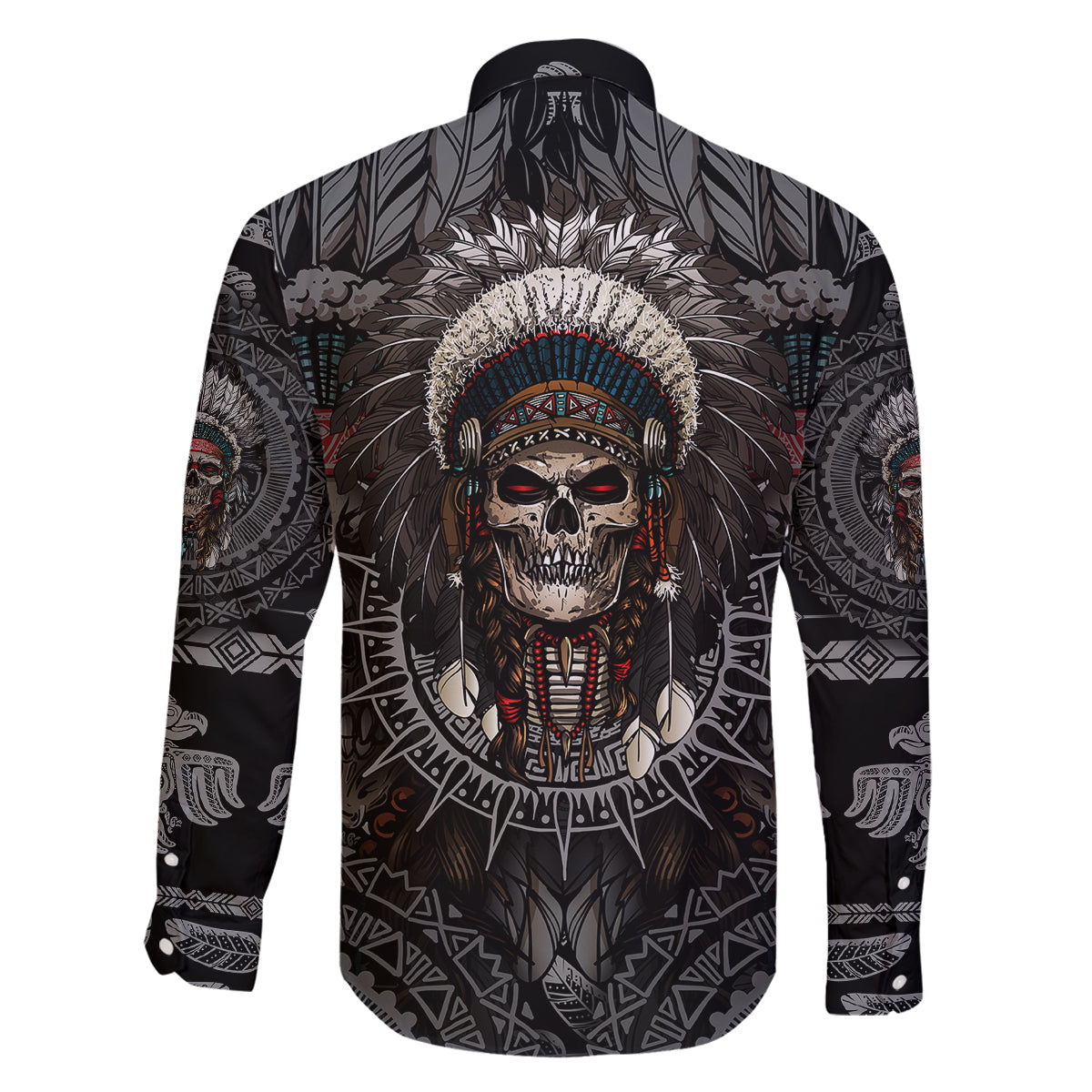 Skull Native American Warrior Family Matching Long Sleeve Bodycon Dress and Hawaiian Shirt - Wonder Print Shop