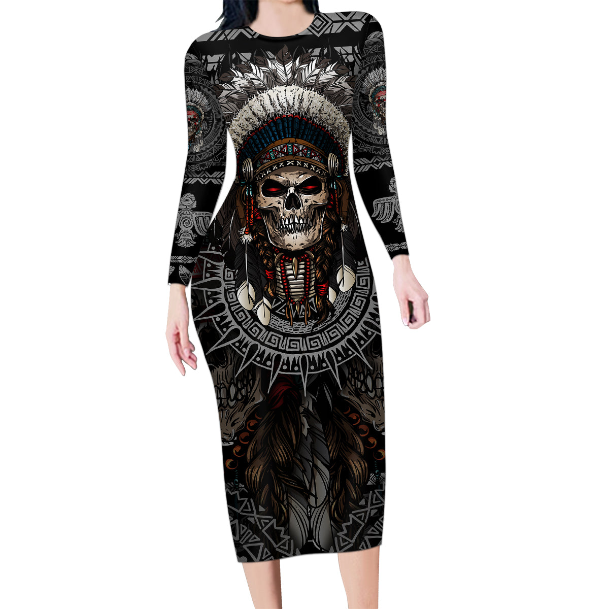 Skull Native American Warrior Family Matching Long Sleeve Bodycon Dress and Hawaiian Shirt - Wonder Print Shop