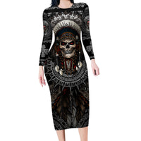 Skull Native American Warrior Family Matching Long Sleeve Bodycon Dress and Hawaiian Shirt - Wonder Print Shop