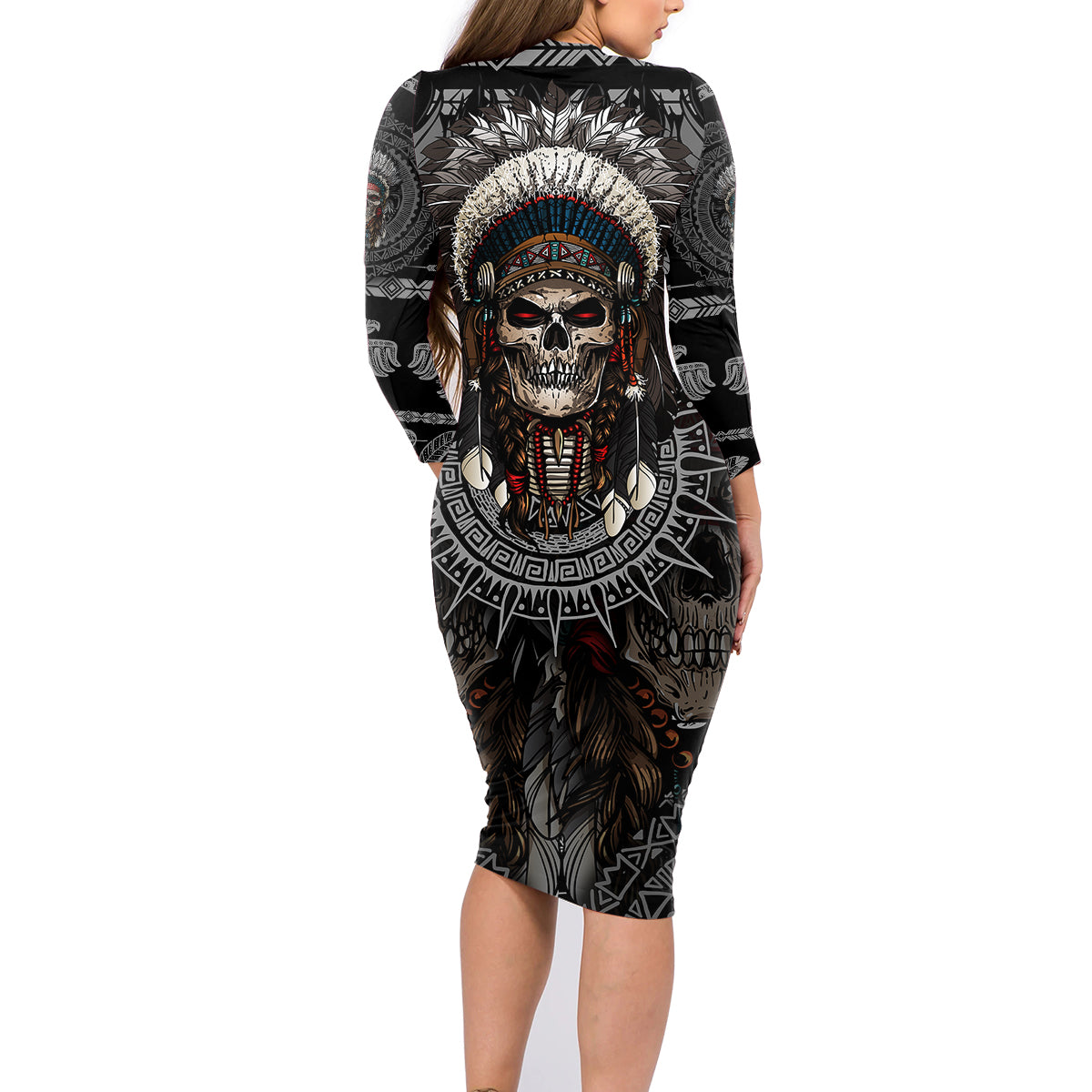 Skull Native American Warrior Family Matching Long Sleeve Bodycon Dress and Hawaiian Shirt - Wonder Print Shop