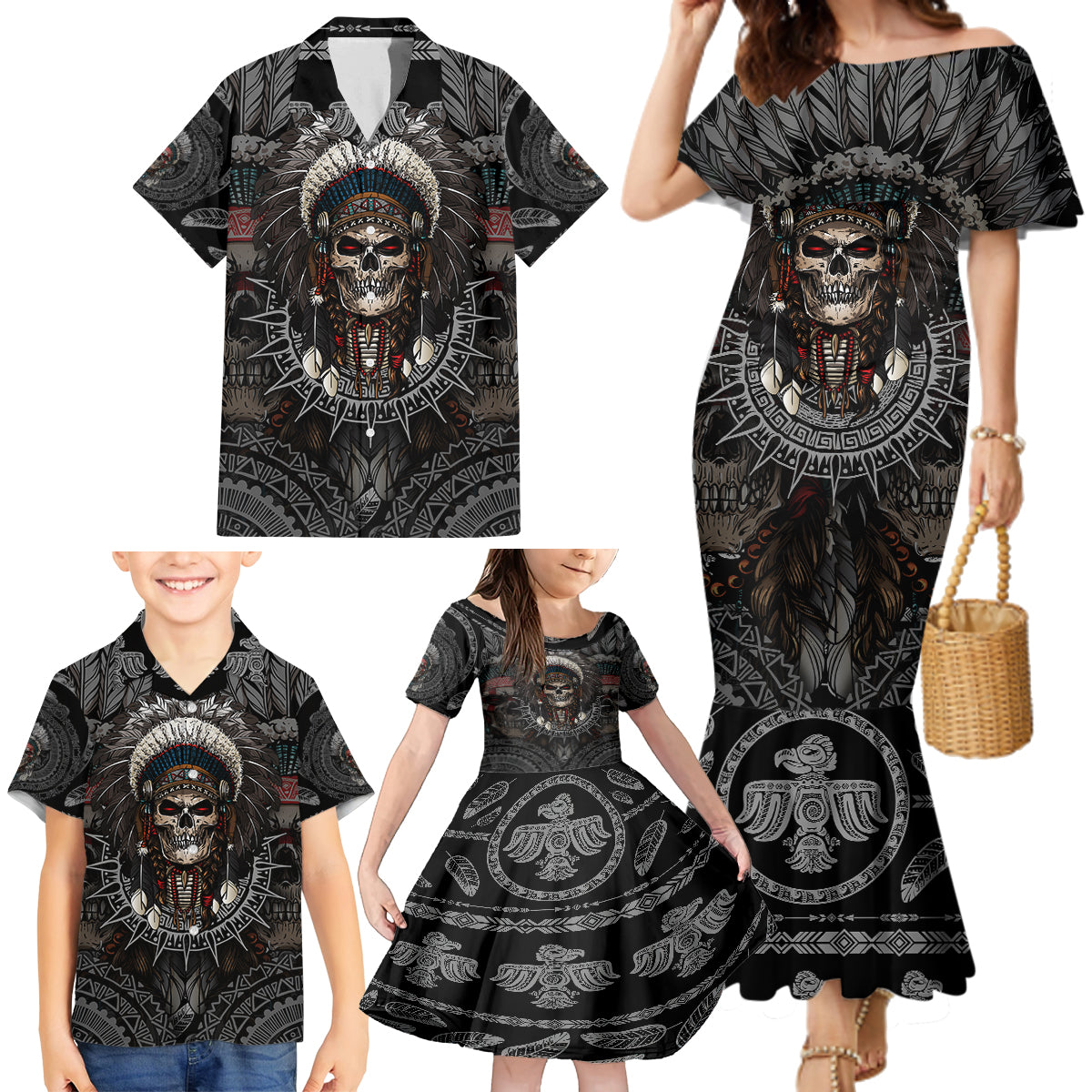 skull-native-american-warrior-family-matching-mermaid-dress-and-hawaiian-shirt