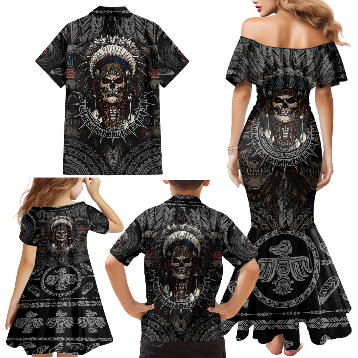 Skull Native American Warrior Family Matching Mermaid Dress and Hawaiian Shirt - Wonder Print Shop