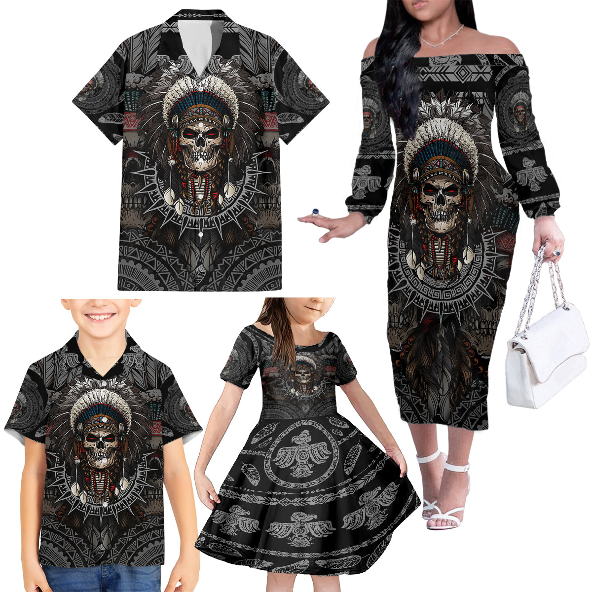 skull-native-american-warrior-family-matching-off-shoulder-long-sleeve-dress-and-hawaiian-shirt