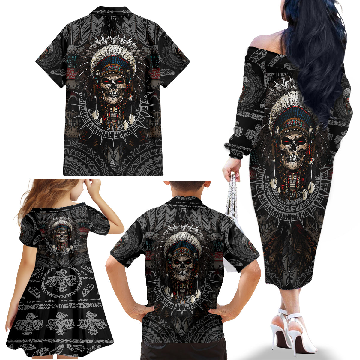Skull Native American Warrior Family Matching Off Shoulder Long Sleeve Dress and Hawaiian Shirt - Wonder Print Shop