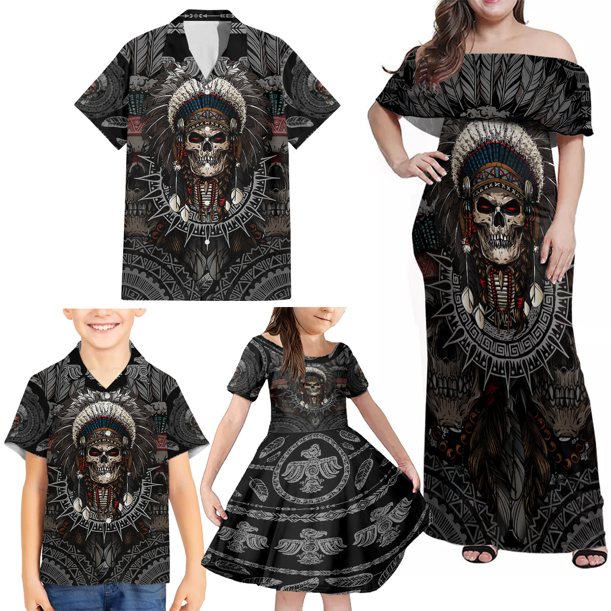 Skull Native American Warrior Family Matching Off Shoulder Maxi Dress and Hawaiian Shirt - Wonder Print Shop
