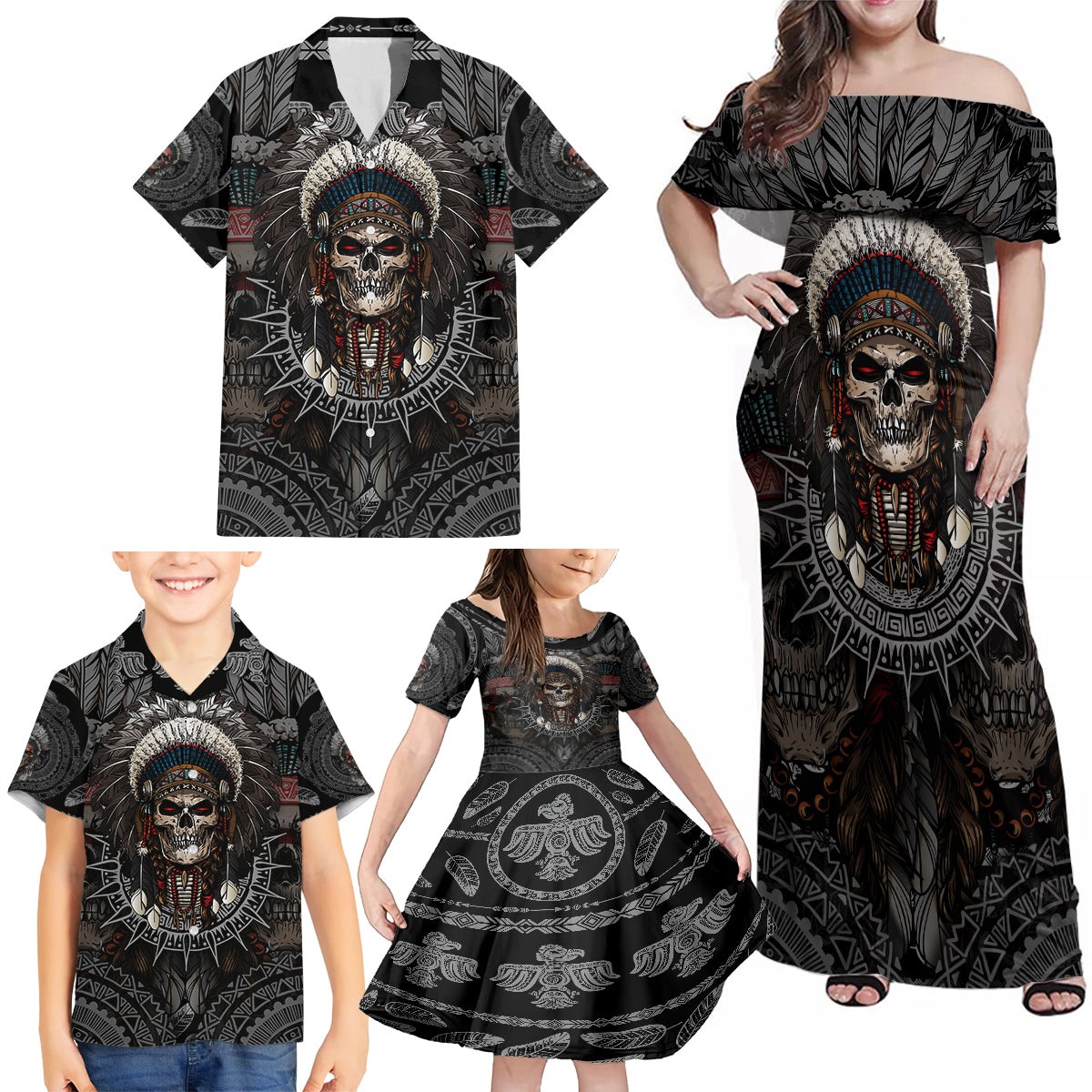 skull-native-american-warrior-family-matching-off-shoulder-maxi-dress-and-hawaiian-shirt