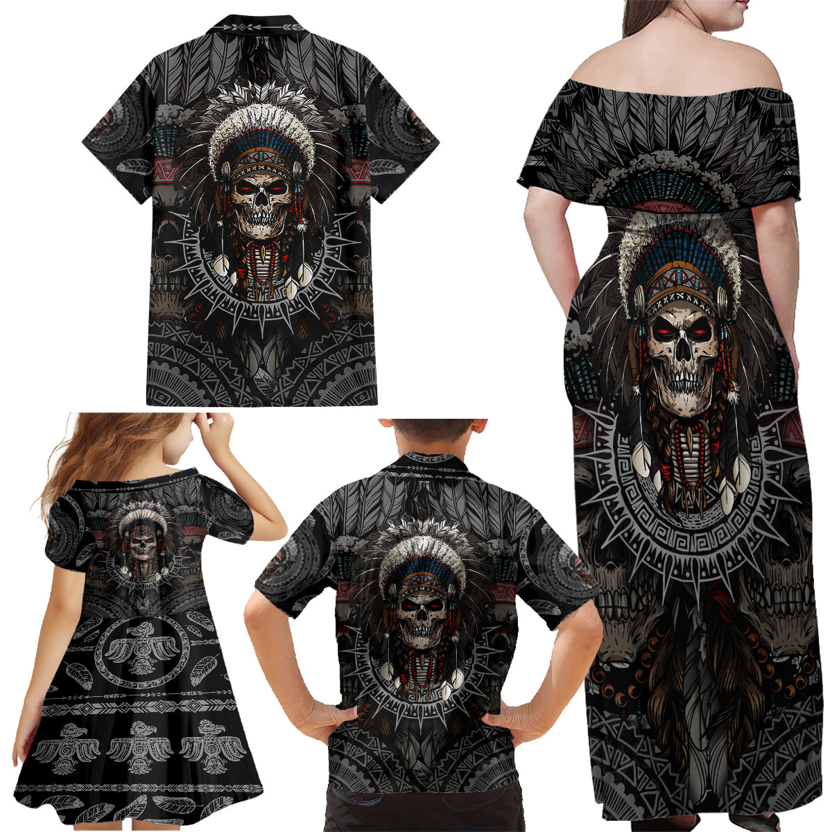 Skull Native American Warrior Family Matching Off Shoulder Maxi Dress and Hawaiian Shirt - Wonder Print Shop