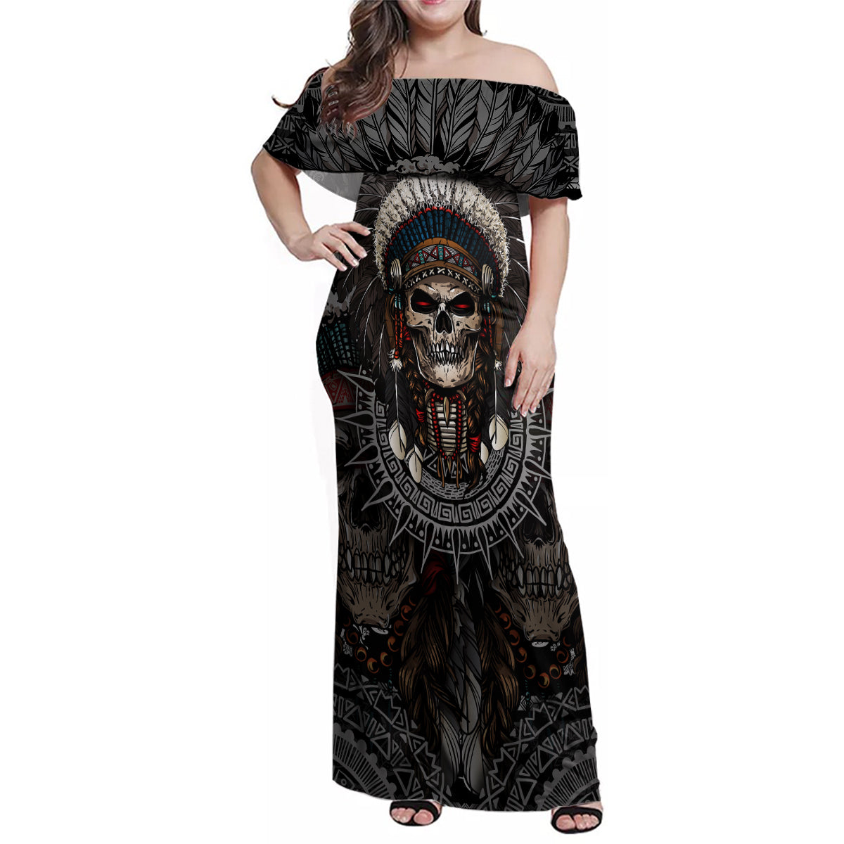 Skull Native American Warrior Family Matching Off Shoulder Maxi Dress and Hawaiian Shirt - Wonder Print Shop