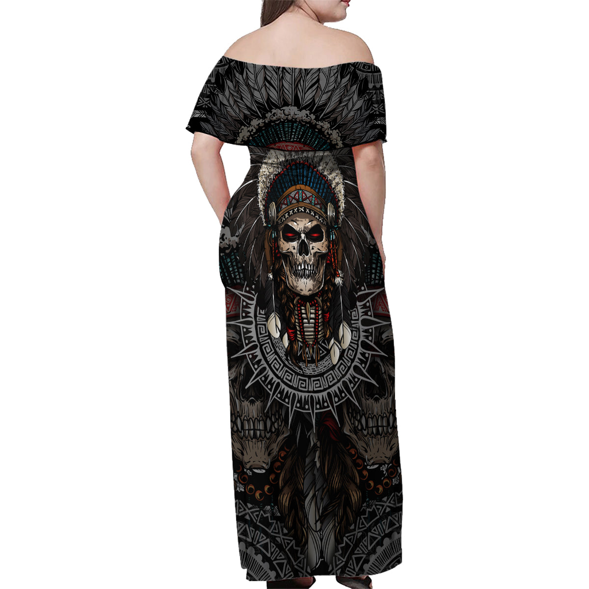 Skull Native American Warrior Family Matching Off Shoulder Maxi Dress and Hawaiian Shirt - Wonder Print Shop