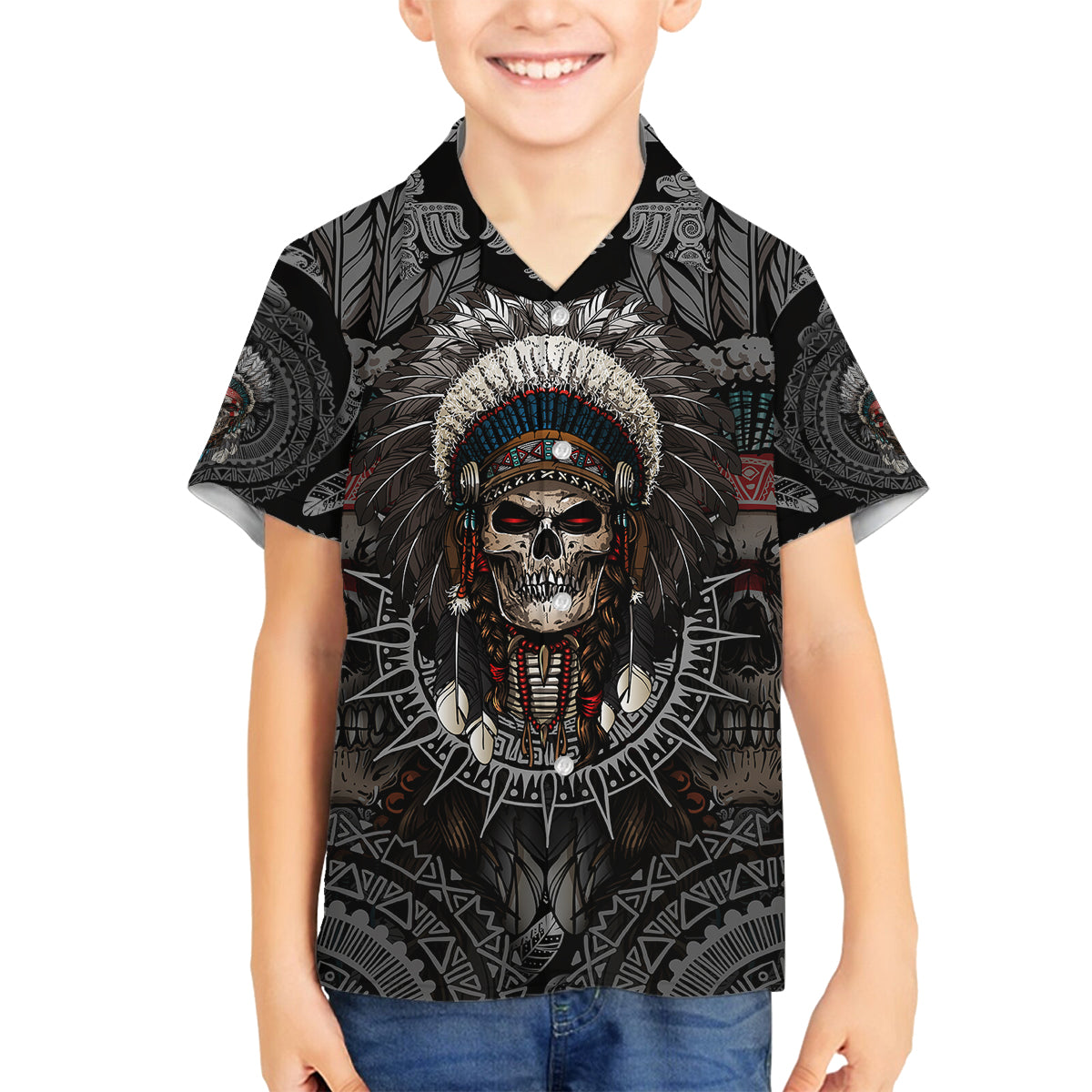 Skull Native American Warrior Family Matching Off Shoulder Maxi Dress and Hawaiian Shirt - Wonder Print Shop