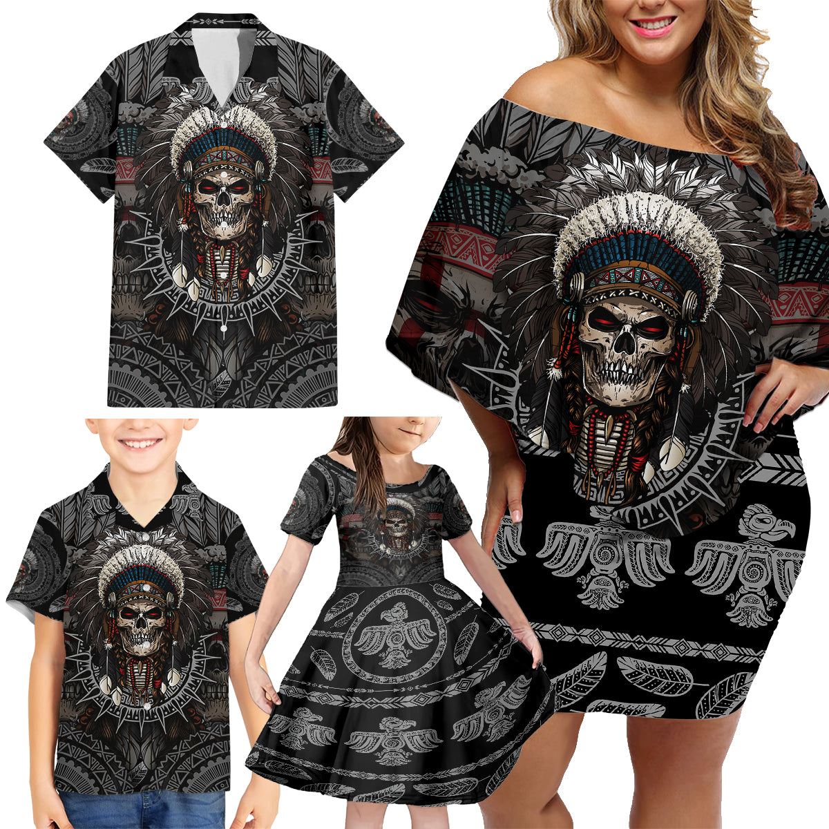 Skull Native American Warrior Family Matching Off Shoulder Short Dress and Hawaiian Shirt - Wonder Print Shop