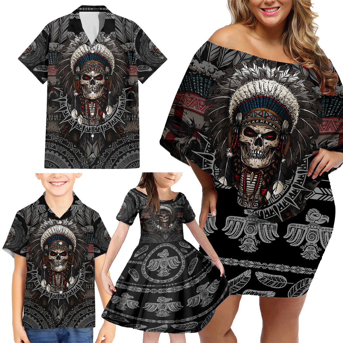 skull-native-american-warrior-family-matching-off-shoulder-short-dress-and-hawaiian-shirt