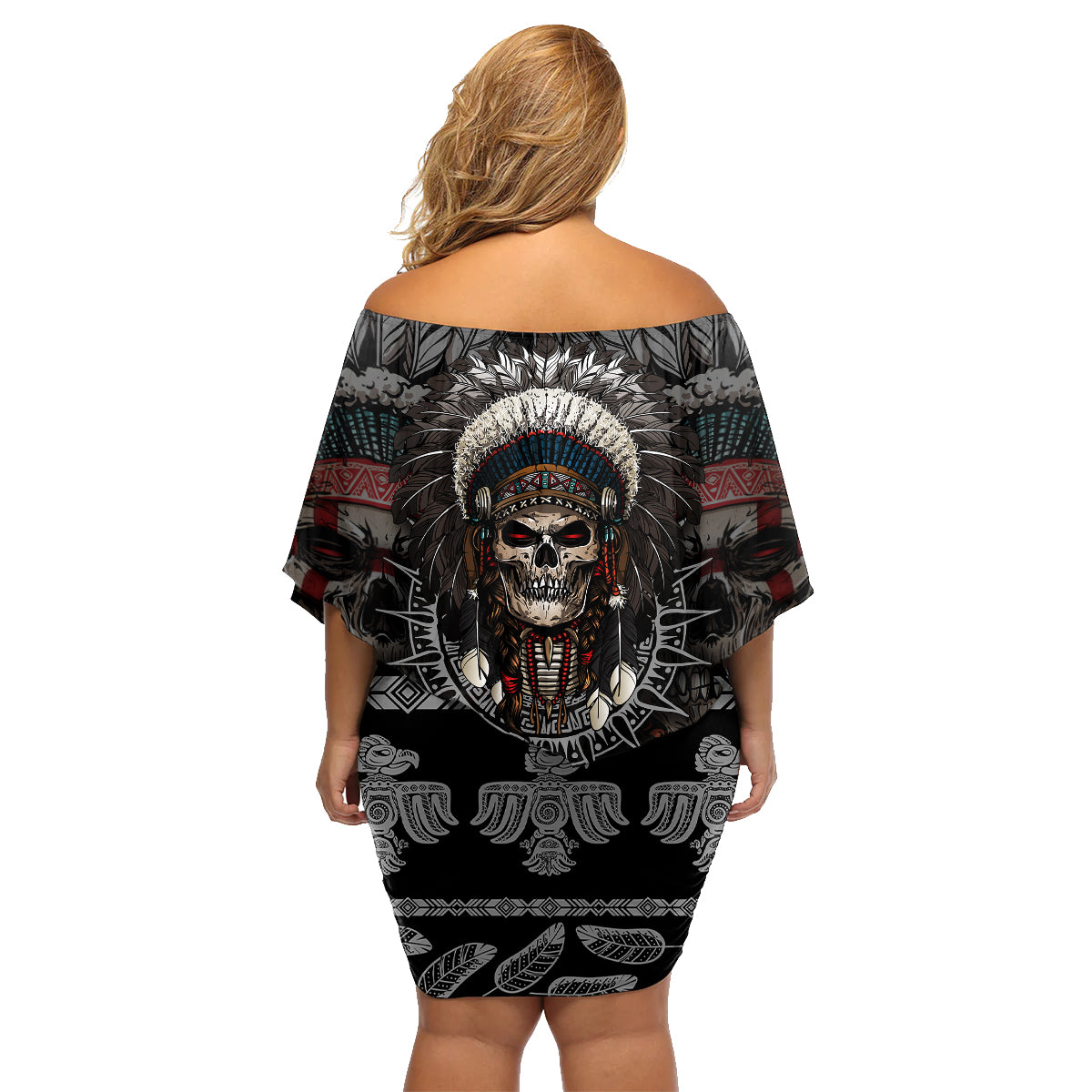 Skull Native American Warrior Family Matching Off Shoulder Short Dress and Hawaiian Shirt - Wonder Print Shop
