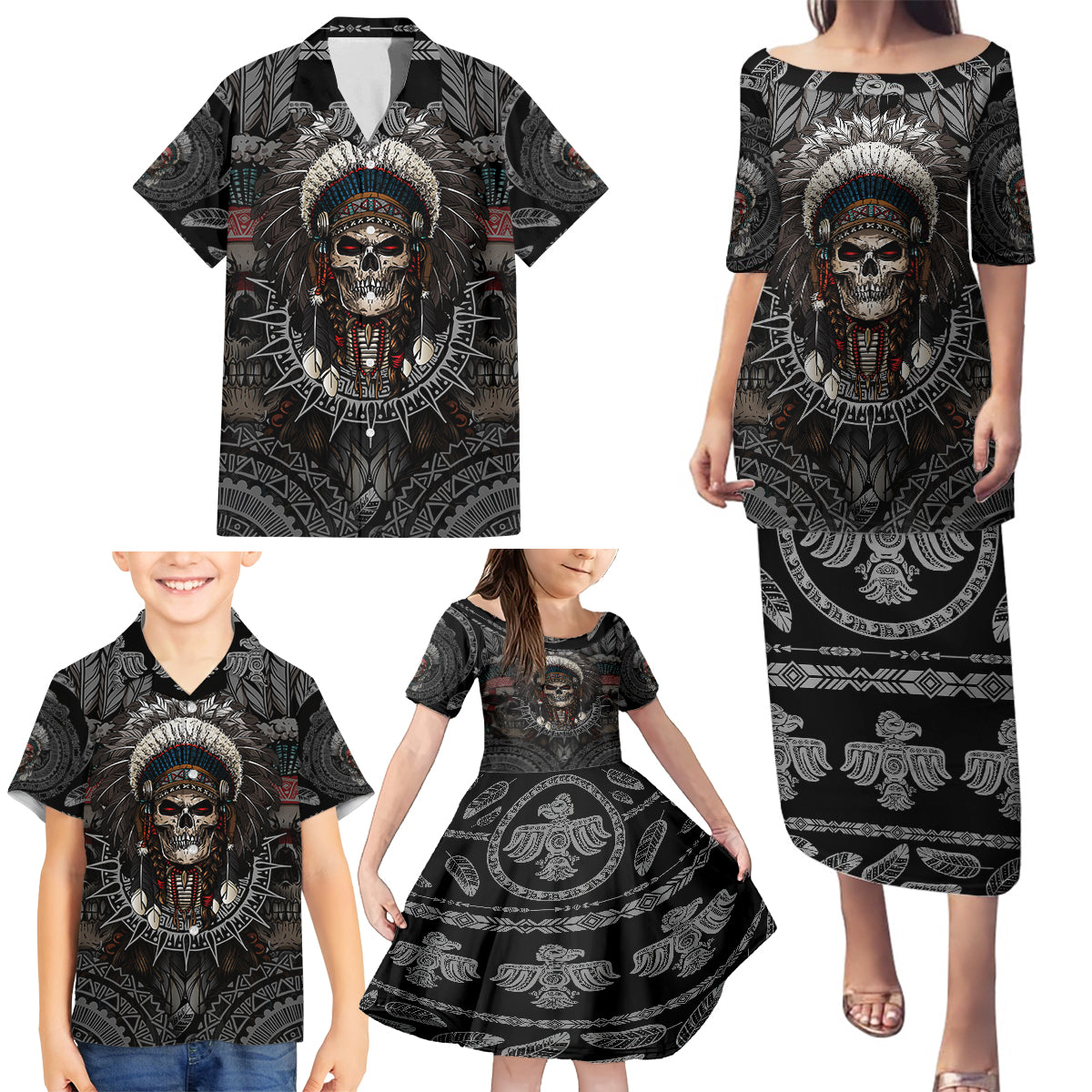 Skull Native American Warrior Family Matching Puletasi Dress and Hawaiian Shirt - Wonder Print Shop