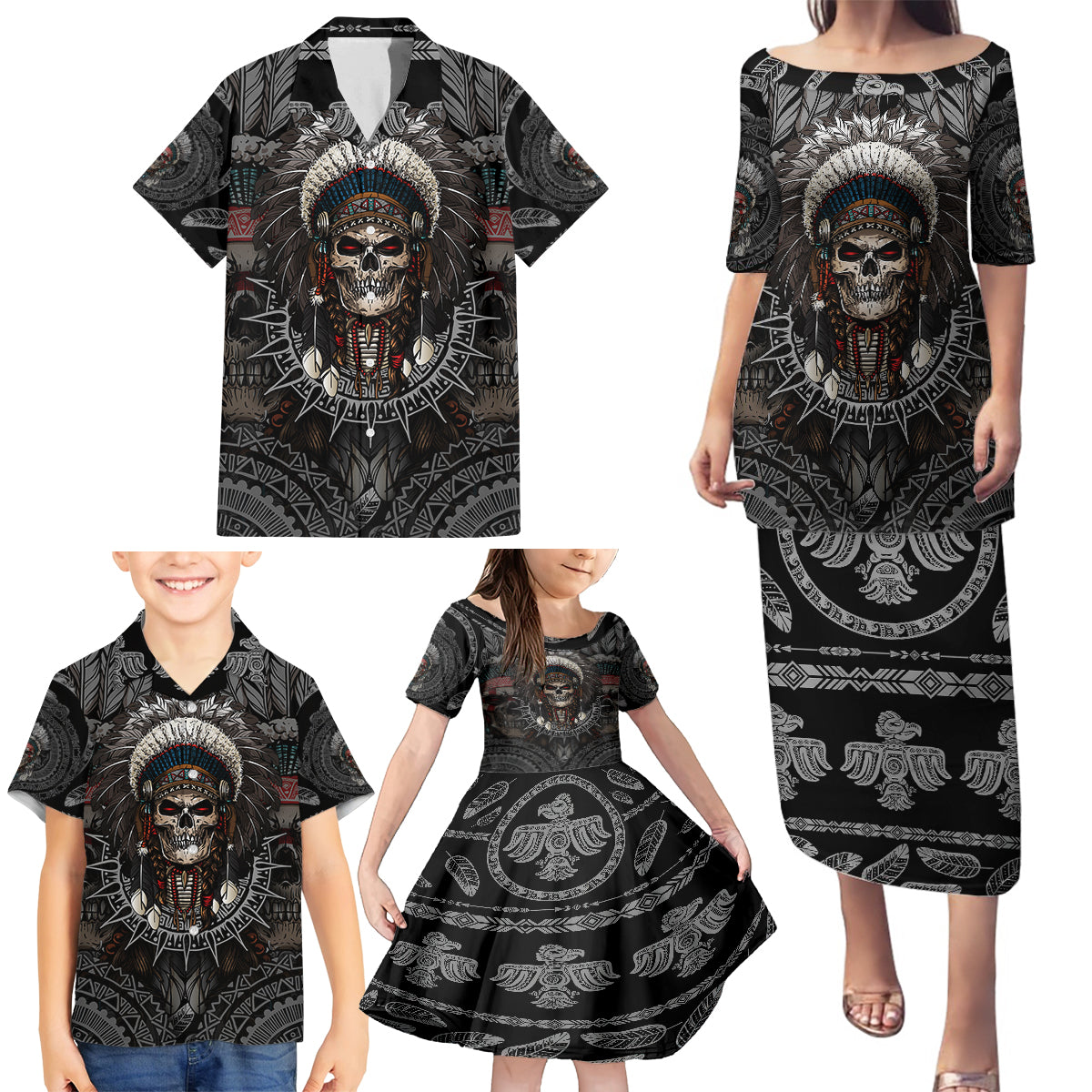 skull-native-american-warrior-family-matching-puletasi-dress-and-hawaiian-shirt