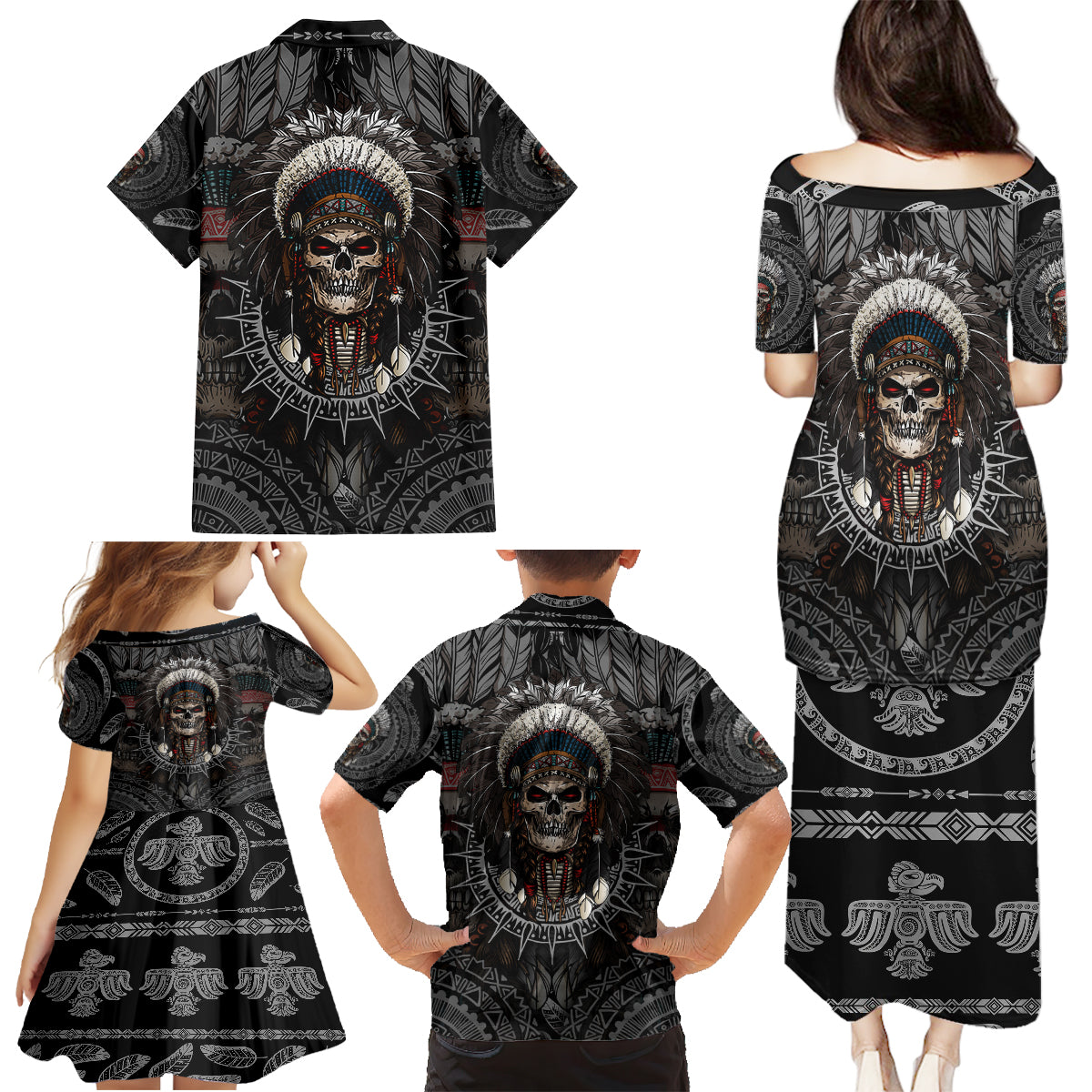 Skull Native American Warrior Family Matching Puletasi Dress and Hawaiian Shirt - Wonder Print Shop