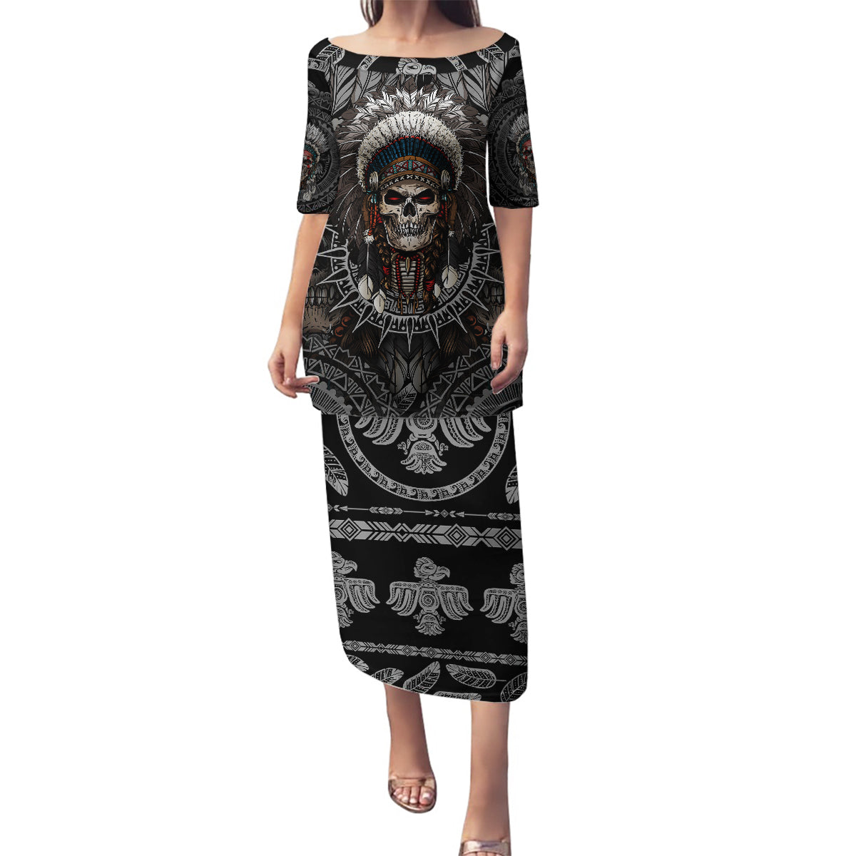 Skull Native American Warrior Family Matching Puletasi Dress and Hawaiian Shirt - Wonder Print Shop