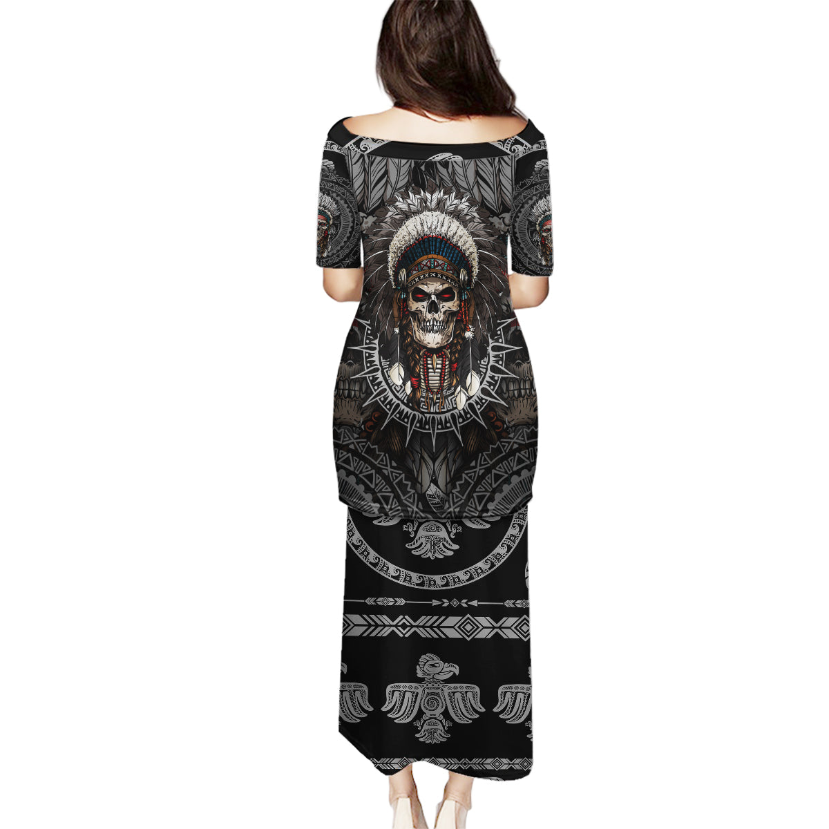 Skull Native American Warrior Family Matching Puletasi Dress and Hawaiian Shirt - Wonder Print Shop
