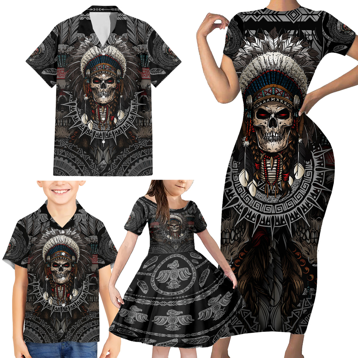 Skull Native American Warrior Family Matching Short Sleeve Bodycon Dress and Hawaiian Shirt - Wonder Print Shop