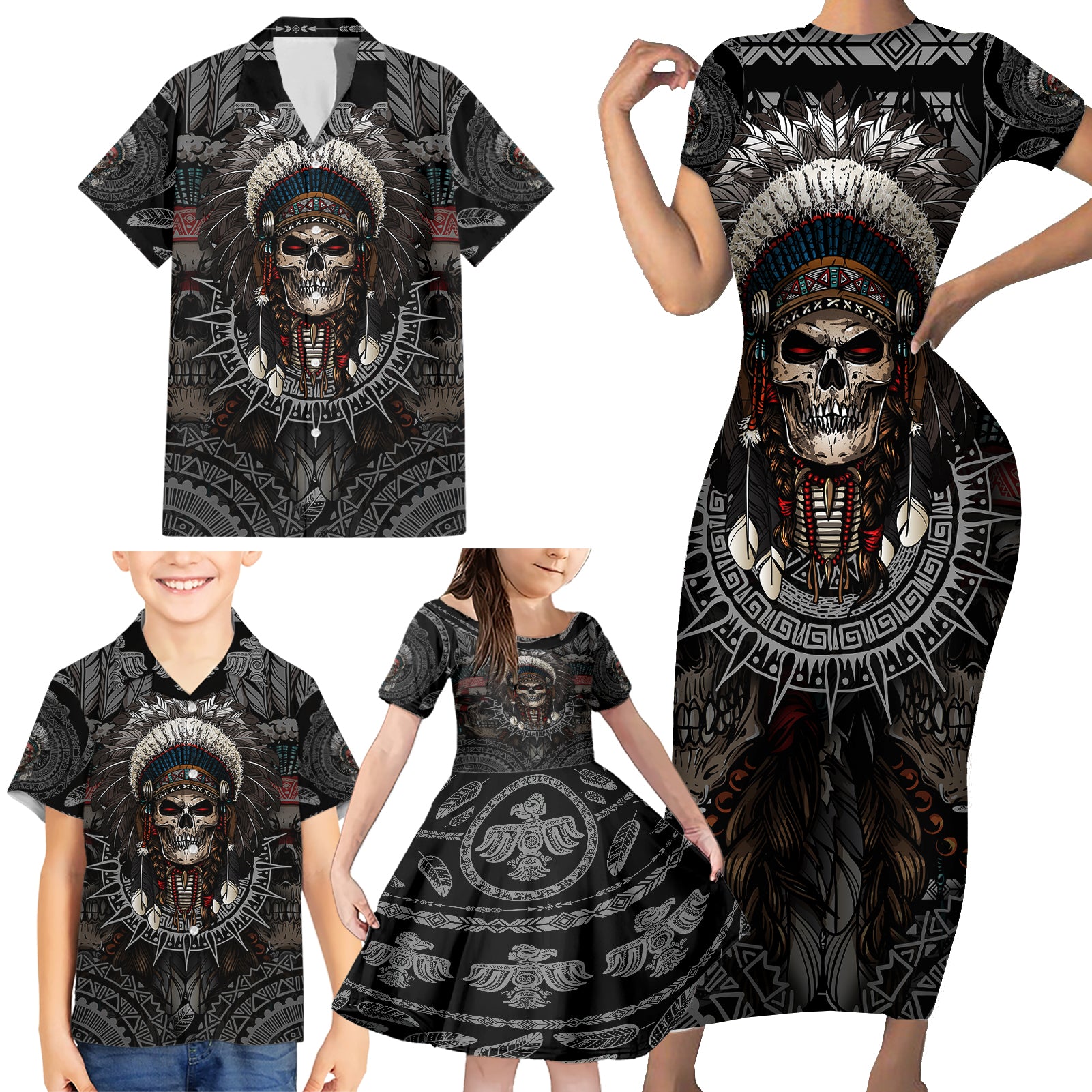 skull-native-american-warrior-family-matching-short-sleeve-bodycon-dress-and-hawaiian-shirt
