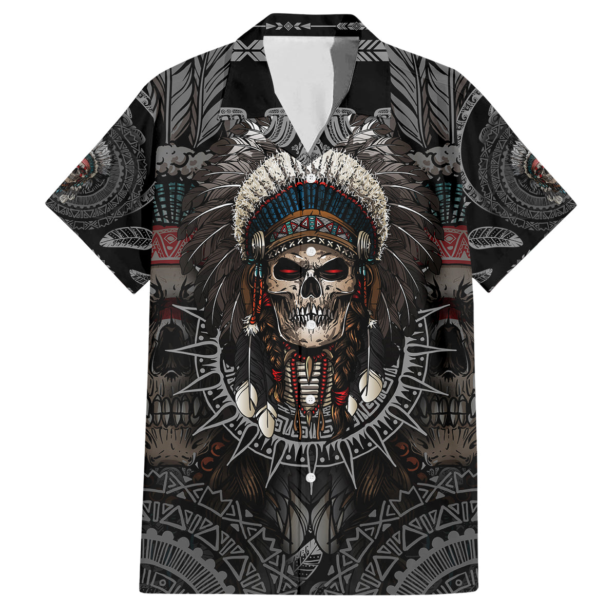 Skull Native American Warrior Family Matching Short Sleeve Bodycon Dress and Hawaiian Shirt - Wonder Print Shop