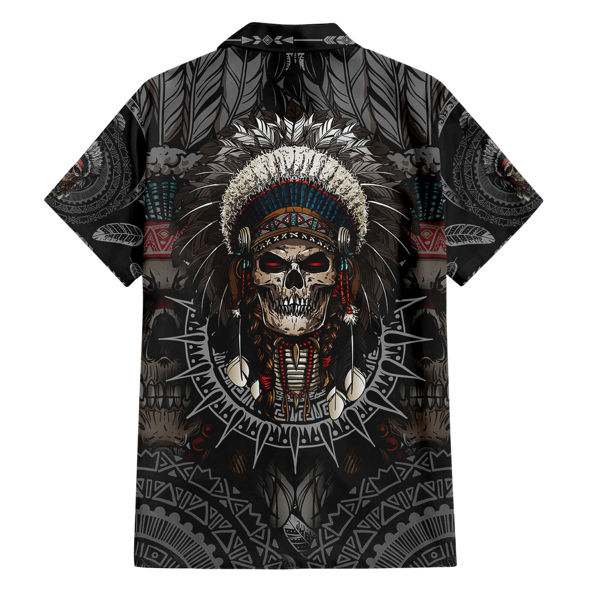 Skull Native American Warrior Family Matching Short Sleeve Bodycon Dress and Hawaiian Shirt - Wonder Print Shop