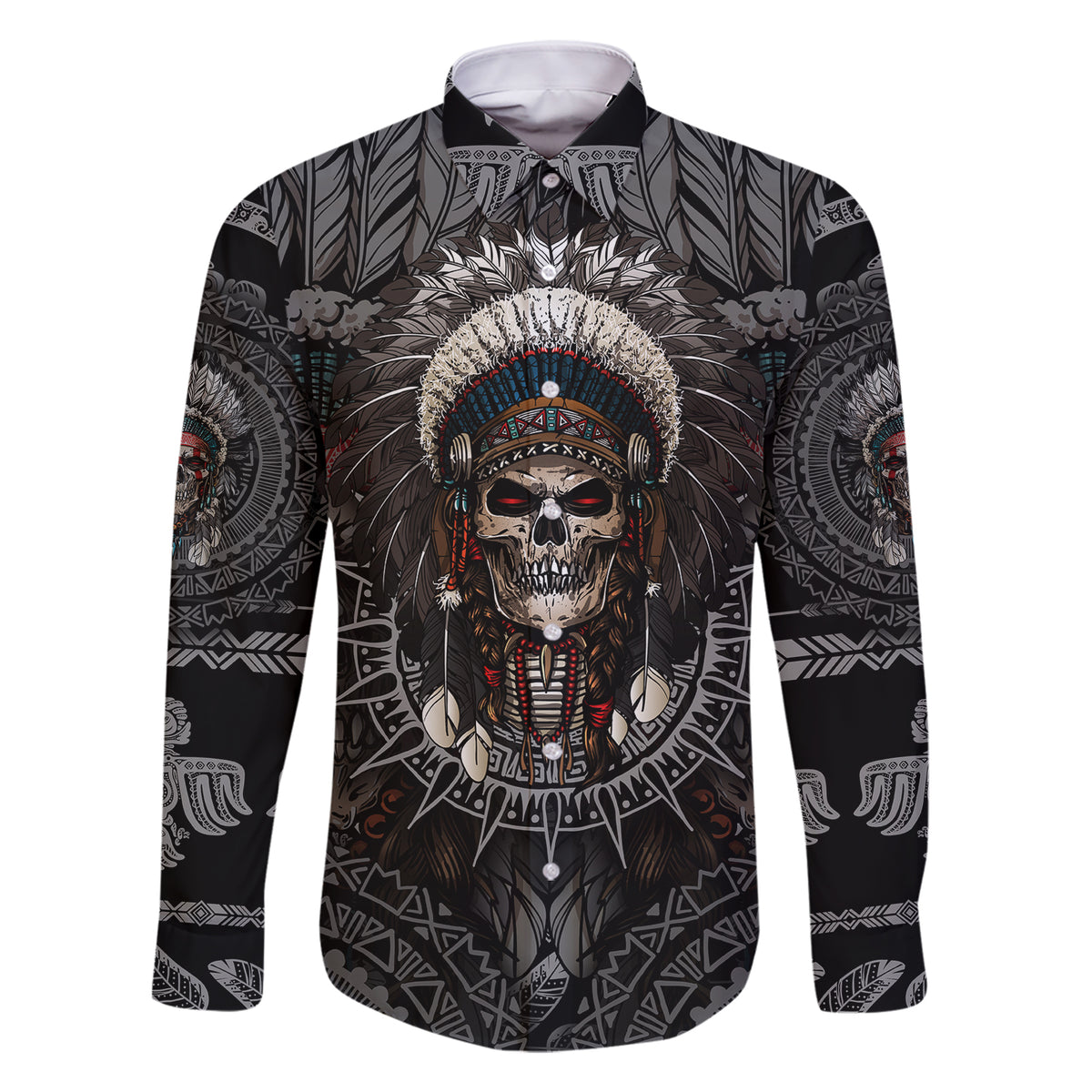 Skull Native American Warrior Family Matching Short Sleeve Bodycon Dress and Hawaiian Shirt - Wonder Print Shop