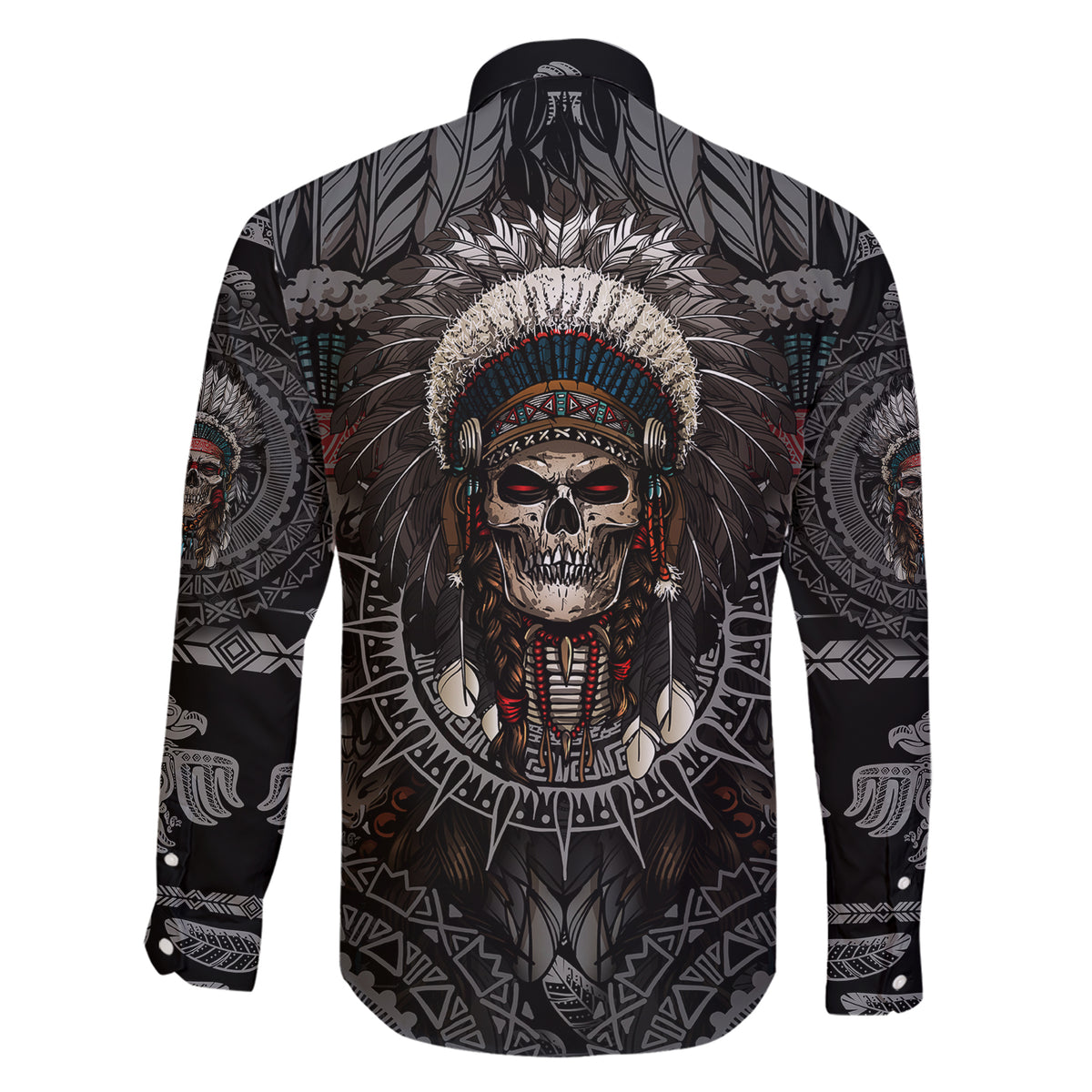 Skull Native American Warrior Family Matching Short Sleeve Bodycon Dress and Hawaiian Shirt - Wonder Print Shop